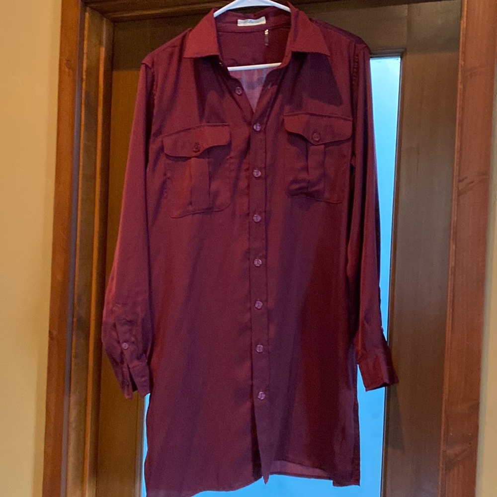 Burgundy Shirt dress, button down, button sleeves